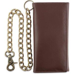 Men's Tri-fold Long Style Cowhide crazy horse Leather Steel Chain Wallet